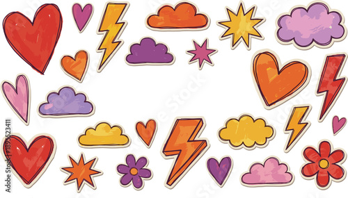 Colorful Doodle Shapes Hearts Lightning Bolts Flowers and Clouds vector 9hjk