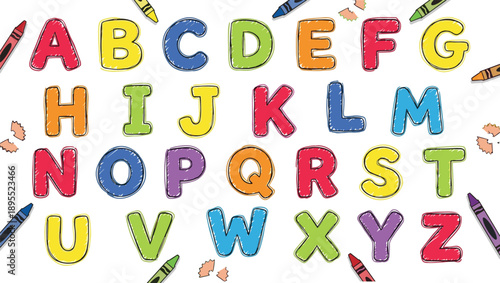 Colorful hand-drawn alphabet letters A to Z with crayons and pencil shavings on white vector illustration