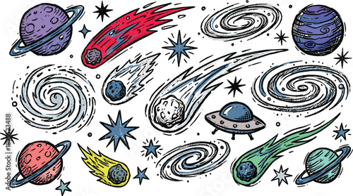 Colorful Hand Drawn Space Elements With Planets Galaxies And Comets Keywords: space, galaxy, planet, comet, stars, universe