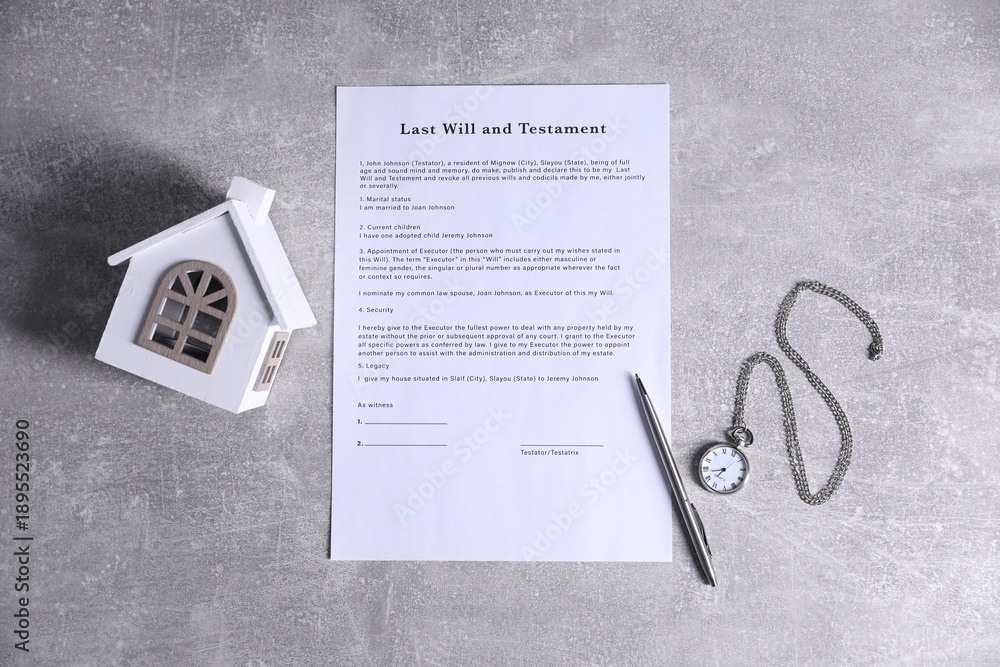 Naklejka premium Last Will and Testament, house model, pen and chain watch on grey background, flat lay
