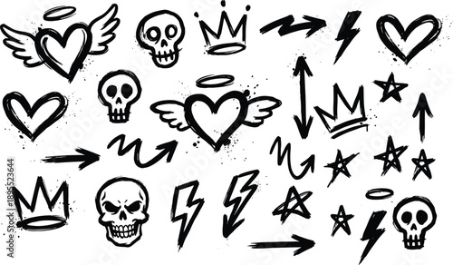 Graffiti Style Black Icons with Skulls Hearts Wings Lightning Bolts and Arrows Keywords: skull, heart, wings, crown, lightning