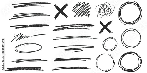 Group of black hand-drawn scribbles lines crosses and circles on white Background Keywords: scribble, hand drawn, sketch, brush