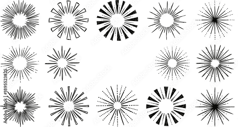 custom made wallpaper toronto digitalSet of Hand Drawn Sunburst and Starburst Radial Line Art Designs Keywords: sunburst, starburst, radial, line art, hand drawn