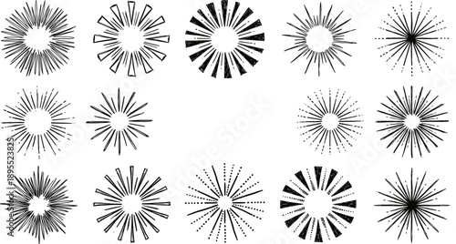 Set of Hand Drawn Sunburst and Starburst Radial Line Art Designs Keywords: sunburst, starburst, radial, line art, hand drawn