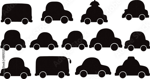 Silhouettes of various cartoon cars and a bus on a white background vector