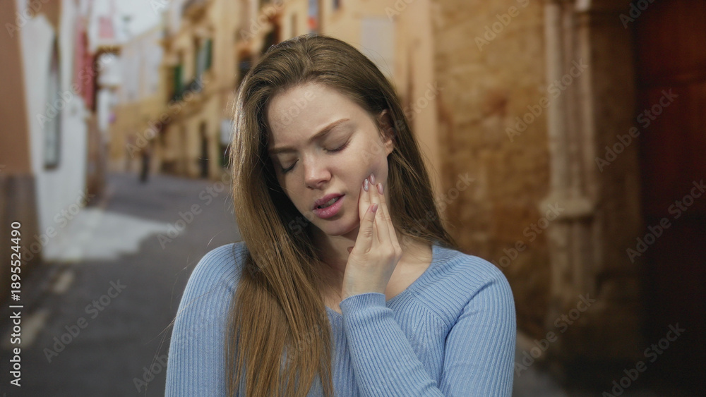 Fototapeta premium Young woman in blue sweater holding cheek with hand on old town street showing pained expression; toothache distress.