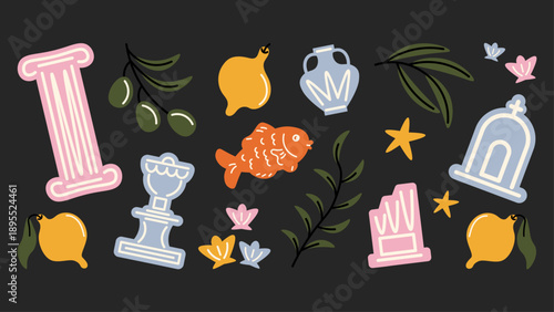 Retro cartoon sticker set inspired by Ancient Greece. Playful icons of columns, amphorae, sculpted busts, olives, lemons, fish and mythic Mediterranean details.