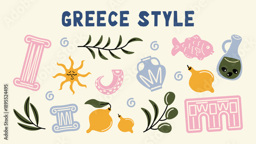 Whimsical Ancient Greece sticker collection with Mediterranean motifs. Columns, amphora, statues, olives, citrus fruits and fish drawn in a playful retro style.