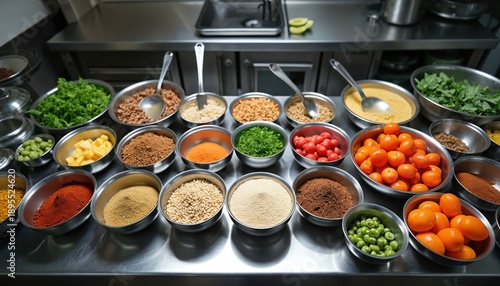 Kitchen mise en place with various ingredients in bowls. Fresh vegetables herbs spices and grains neatly arranged for meal preparation. Professional culinary setting for cooking.