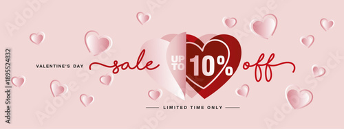 Valentines Day Sale up to 10% off with handwritten typography. Promotion shopping banner or card with pink red true love open heart shapes with many pink love hearts all around