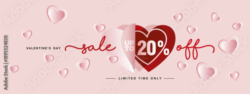 Valentines Day Sale up to 20% off with handwritten typography. Promotion shopping banner or card with pink red true love open heart shapes with many pink love hearts all around
