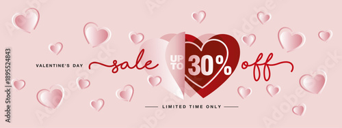 Valentines Day Sale up to 30% off with handwritten typography. Promotion shopping banner or card with pink red true love open heart shapes with many pink love hearts all around