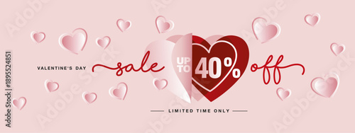 Valentines Day Sale up to 40% off with handwritten typography. Promotion shopping banner or card with pink red true love open heart shapes with many pink love hearts all around