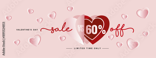 Valentines Day Sale up to 60% off with handwritten typography. Promotion shopping banner or card with pink red true love open heart shapes with many pink love hearts all around