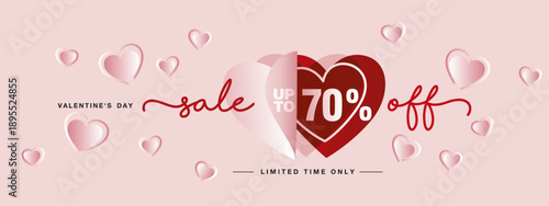 Valentines Day Sale up to 70% off with handwritten typography. Promotion shopping banner or card with pink red true love open heart shapes with many pink love hearts all around