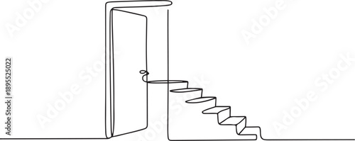 Opened door with stairs illustration. Continuous one line drawing of door and stairs. one line Art icon drawing vector