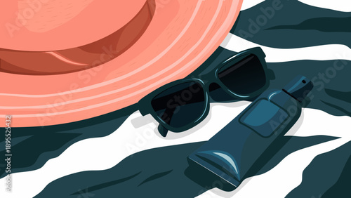 Straw hat, sunglasses and sunscreen, a minimalist summer outfit.