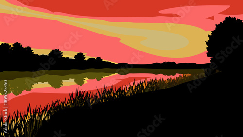 Summer sunset with orange and pink hues, reflections in the water, cinematic atmosphere.