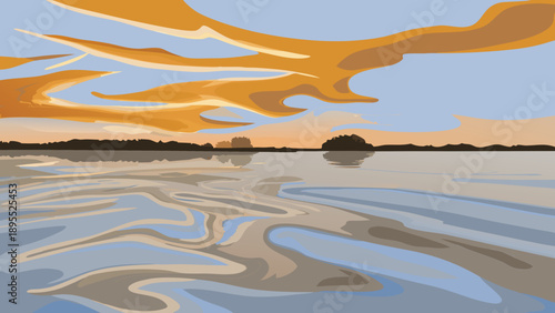 Summer sunset with orange and pink hues, reflections in the water, cinematic atmosphere.