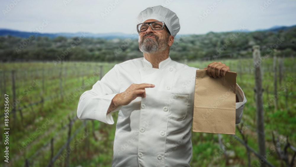 Fototapeta premium Man chef holding paper bag and thumb up with right hand in forest wearing chef uniform and hat; pride success.