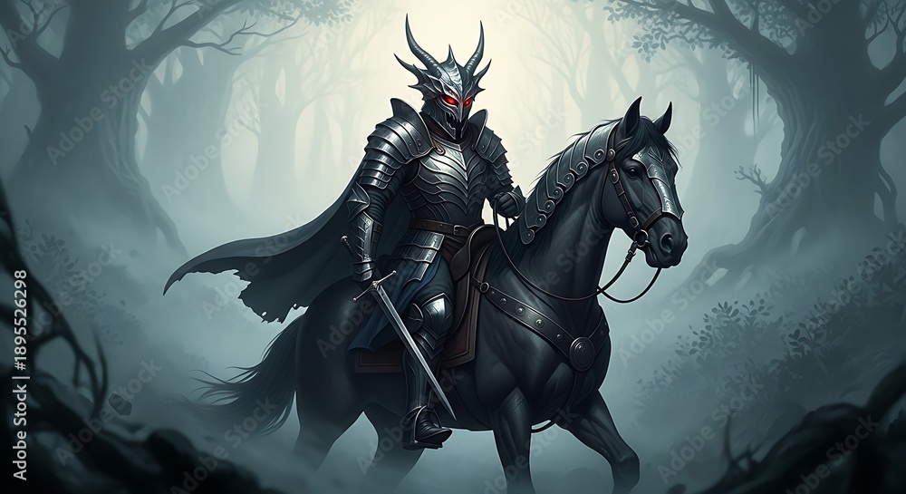 Naklejka premium Dark Knight on Horseback in Forest.