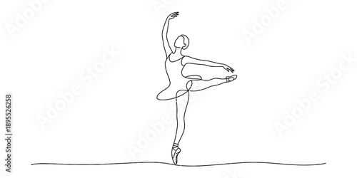 Elegant continuous line drawing of a ballerina performing a graceful dance pose