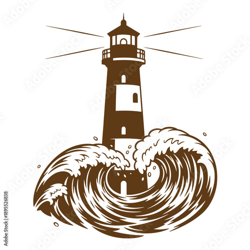 Vintage Grunge texture Lighthouse standing tall amidst a crashing ocean wave on a sunny day on the seas  a powerful coastal scene