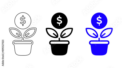 Money plant growth icon with dollar coin sprout in pot for financial investment and sustainable wealth