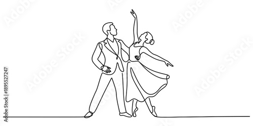 Elegant continuous line art of a dancing couple performing ballet or ballroom