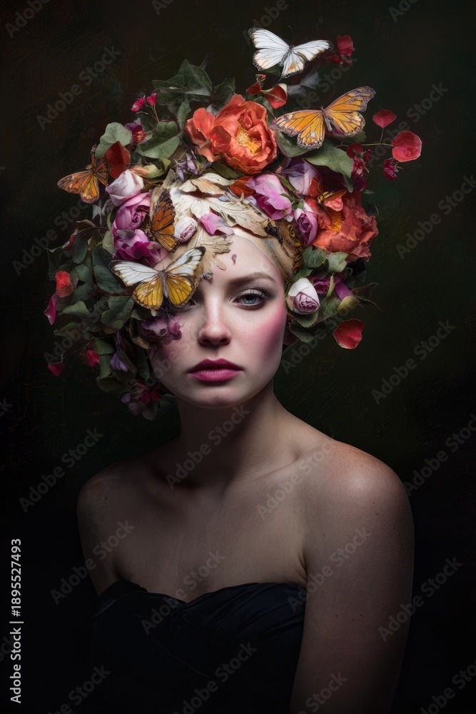Naklejka premium Woman Portrait with Floral Crown and Butterflies, Surreal Beauty Art