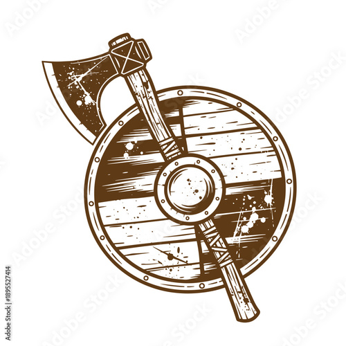 Vintage Grunge texture Viking axe crossed over wooden shield with metal rim on white