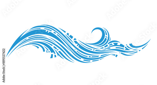Stylized Blue Ocean Wave Graphic with Abstract Fragmented Pattern Detail and Dynamic Flowing Curves Illustration