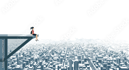 Girl with a Backpack Sitting on a Glass Ledge Overlooking a Vast Detailed Urban City Skyline View Illustration