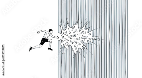 Man Breaking Through a Wall of Vertical Bars with a Large Glass Shatter Effect and Motion Blur Graphic Design