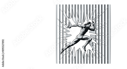 Silhouette of a Man Running Through a Large Opening in a Wall of Vertical Bars on a White Background Graphic