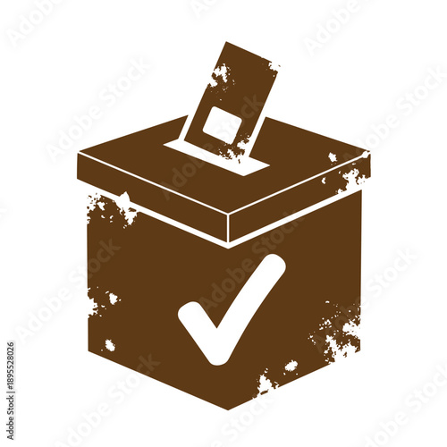 Vintage Grunge texture Vintage distressed brown ballot box with checkmark on front and open slot on top for voting isolated on white background