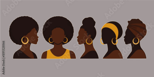 Set of silhouette afro girl. Collection of black woman face with stylized hairstyle. Vector illustration of girl head with stylized haircut.
