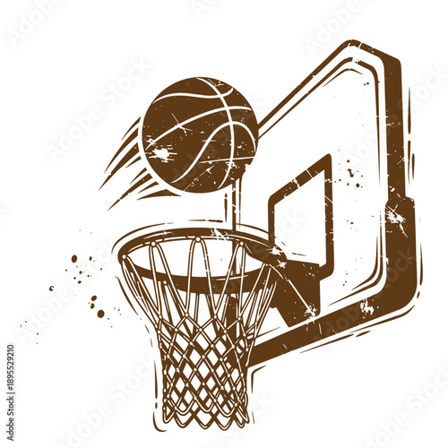 Vintage Grunge texture Basketball going through hoop with motion lines and grunge effect on white background one sport