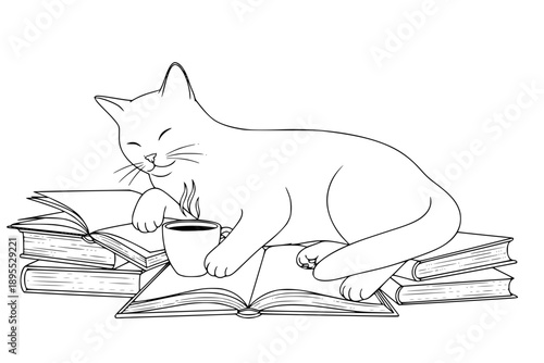 Cat relaxing with coffee and books doodle minimal line drawing  illustration