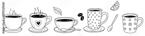 Coffee and tea mugs doodle set hand drawn vector illustration