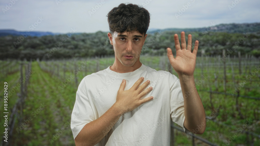 Obraz premium Man places hand on chest and raises right hand in a forest field, palm visible and direct gaze; sincere apology.