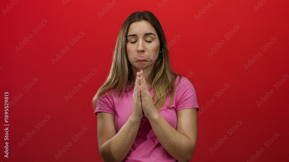 Obraz premium Woman pleading with hands together in a pink shirt against an isolated red background, expressing hope, emotion, and sincerity with a focused, contemplative expression.