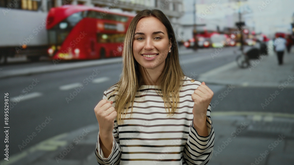 Fototapeta premium Young woman with blonde hair on a bustling street with red buses, showcasing a lively urban outdoor scene with iconic city vibes and casual fashion.