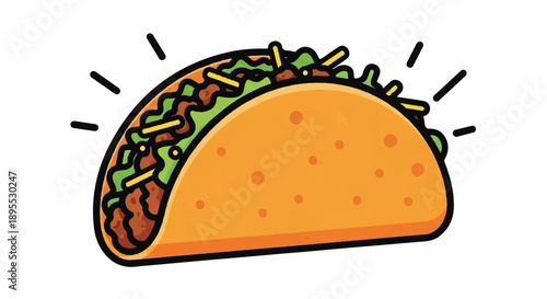 Cartoon taco illustration on white backdrop, radiating aroma, vibrant orange shell and colorful fillings, playful food vibe