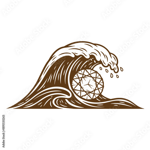 Vintage Grunge texture Illustration of a crashing wave with a geometric sphere inside  ocean graphic design element