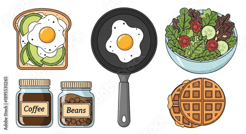 Cheerful Morning Breakfast Featuring Toast, Egg, Salad, Coffee, and Waffle in a Flat 2D Digital Illustration Viewed from Above
