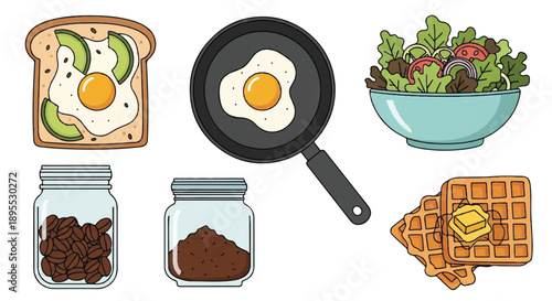 Cheerful Breakfast Illustration Featuring Toast with Egg & Avocado, Frying Pan Egg, Salad Bowl, Coffee Bean Jar, and Waffle Stack