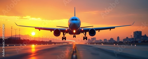 Commercial airplane takes off from runway at sunset. Jet airliner ascends over city skyline during golden hour. Aircraft flies into orange sky above airport lights.