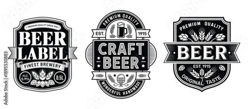 Premium Black and White Craft Beer Label Vector Set, Classic Craft Beer Label, Vintage Brewery Beer Labels, Classic Brewery Shields, Retro Typography Badges, Emblems for Alcohol Packaging