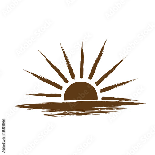 Vintage Grunge texture sunrise illustration with rays and reflection on water surface in simple artistic style  symbol